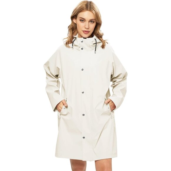 💫 Women Cream Long Rain Coats Waterproof Hooded Outdoor Windbreaker Jackets